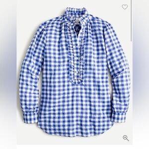 J. Crew Blue and White Gingham Ruffle Popover Shirt